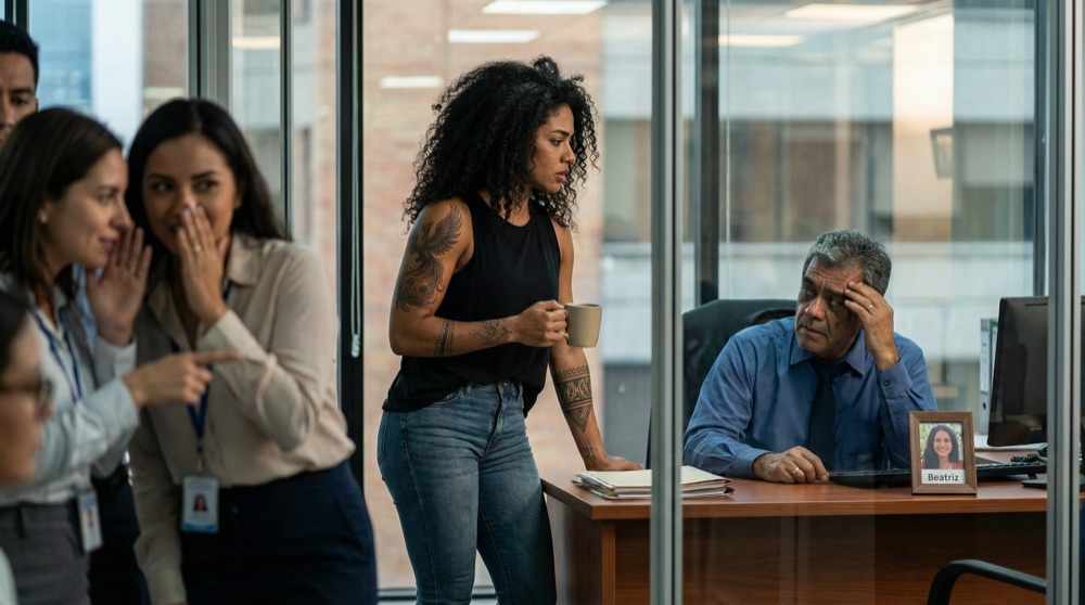 View through glass office walls: Salomé entering Aurelio's office with coffee, their eyes meeting — office workers watching in background.
