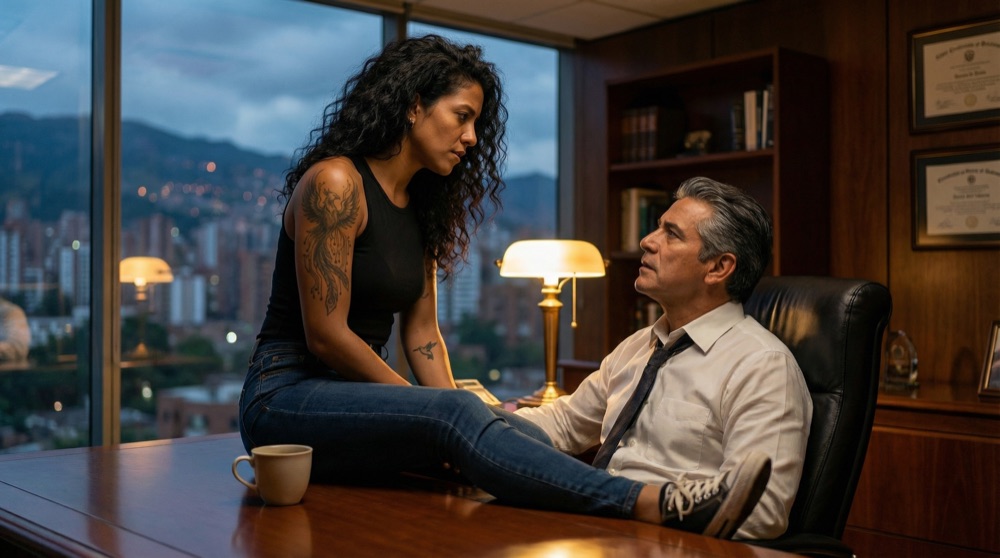 Salomé sitting on edge of Aurelio's desk, casual comfortable position, concerned expression — close physical proximity.