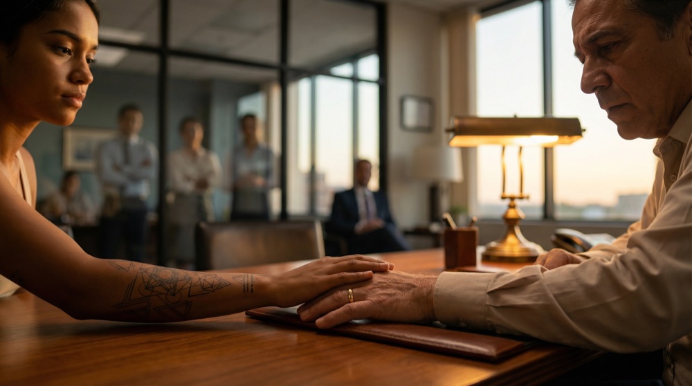 Close shot: Salomé's tattooed hand touching Aurelio's hand with wedding ring — office workers visible watching through glass in background.
