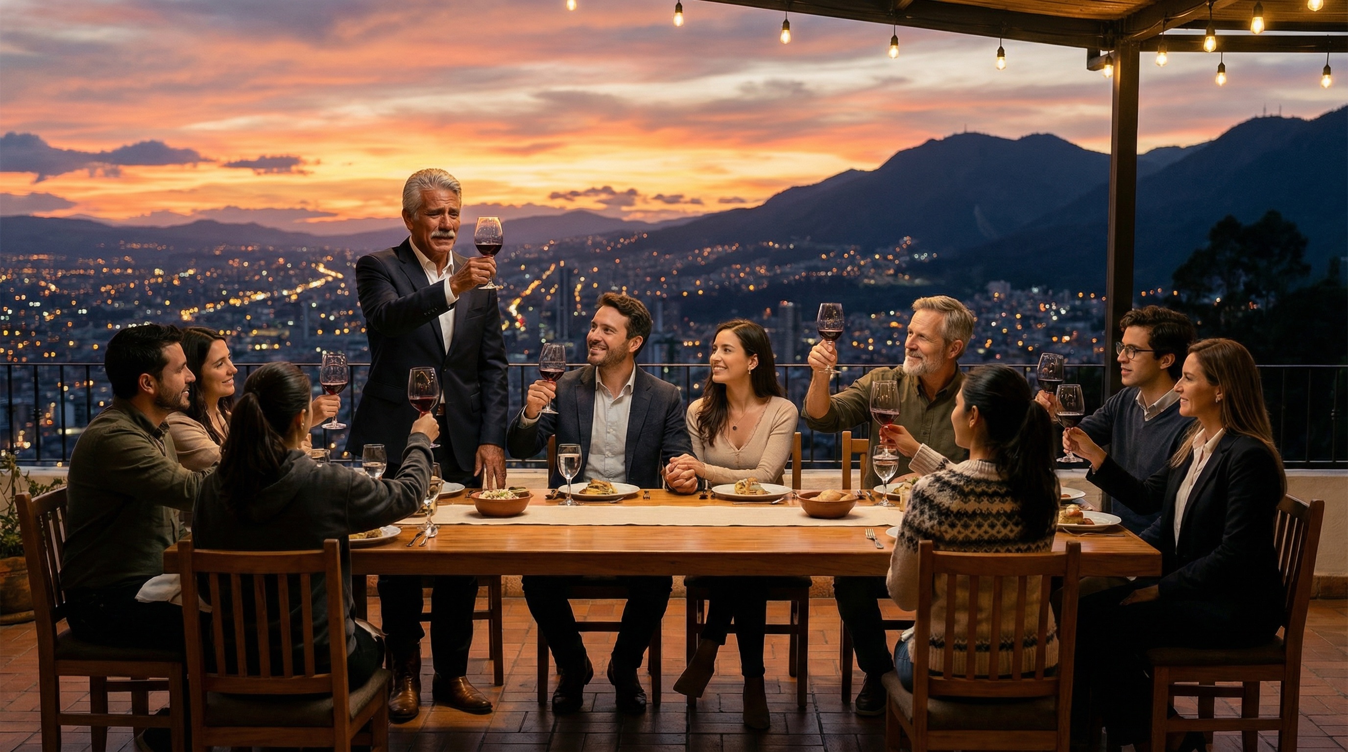 Das Team auf dem Monserrate bei Sonnenuntergang, Bogotá leuchtet unter ihnen. Sie haben die Krise überlebt. Etwas Echtes aufgebaut. Gelernt, einander zu vertrauen. Einige von ihnen werden morgen nicht hier sein, aber heute feiern sie gemeinsam.