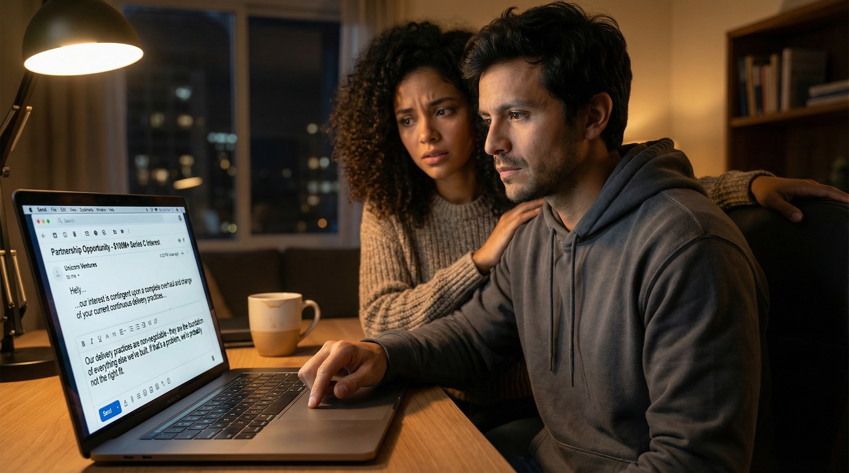 Ein Jahr später. Das Serie-C-Angebot. 100 Millionen Dollar. Aber sie wollen Änderungen. 'Branchenübliche Auslieferungspraktiken.' Übersetzung: Alles aufgeben, was euch erfolgreich gemacht hat. Wählt das Geld oder wählt die Prinzipien. Aber nicht beides.