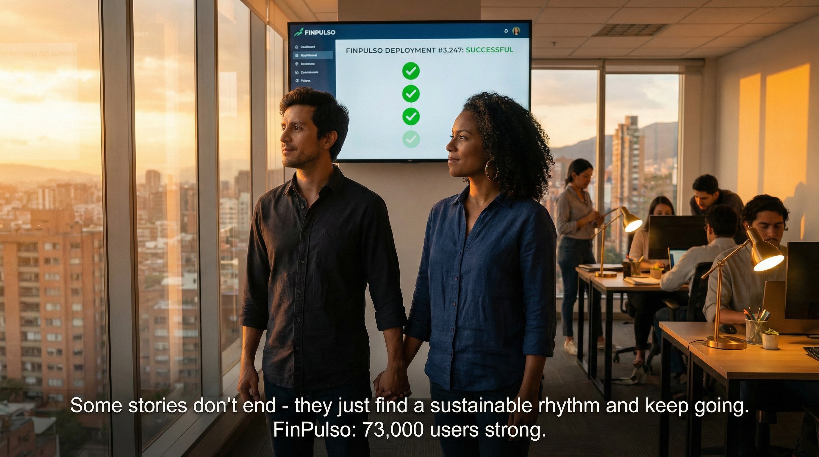 Das Büro bei Sonnenuntergang. Auslieferung #3.247. Sebastián und Isabella schauen auf die Kennzahlen. 73.000 Nutzer. Keine Einhorn-Zahlen. Aber echte Zahlen. Nachhaltige Zahlen. Sie haben ihren Rhythmus gefunden. Nicht schnell. Nicht langsam. Richtig.