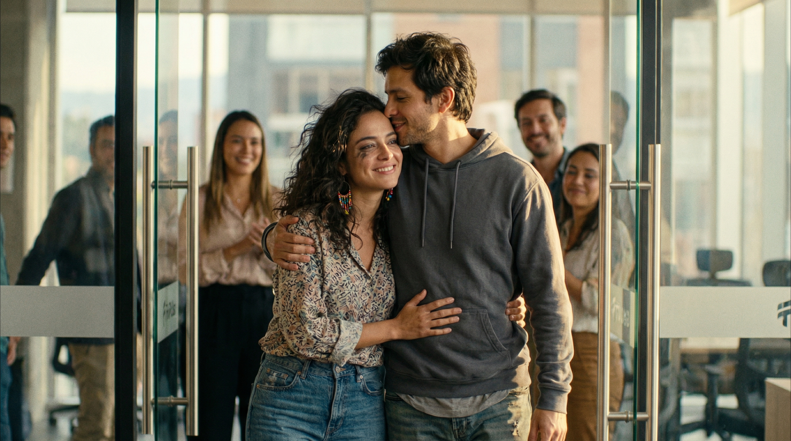 Early morning. Sebastián and Isabella arrive at the office together. His arm around her waist, her hand on his chest. She leans into him. He kisses the top of her head. Their clothes slightly rumpled from the night. The casual intimacy of people who've stopped hiding.