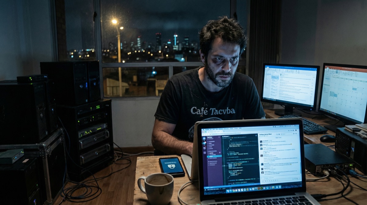 Diego Vargas sits in a dark apartment, his face lit only by the glow of multiple monitors. Server equipment hums around him. His expression is intent, calculating, watching feeds he shouldn't have access to.