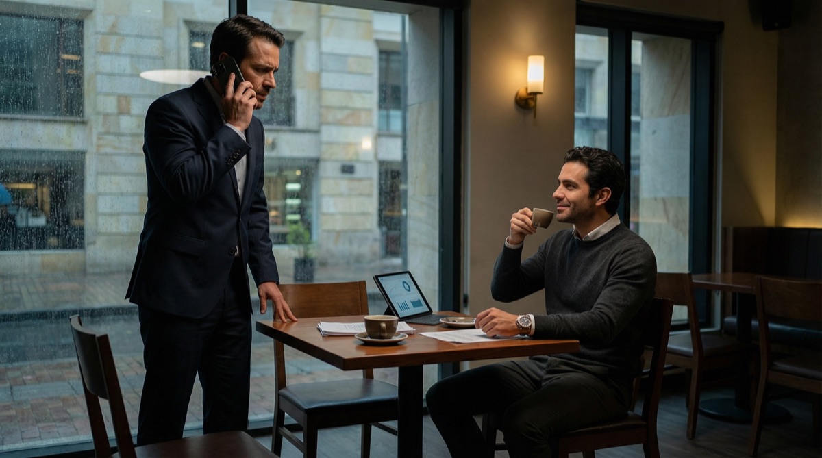 Alejo Vega speaks urgently while Marco Benedetti sips his cortado with a calculating smile. Rain streaks the café window behind them.