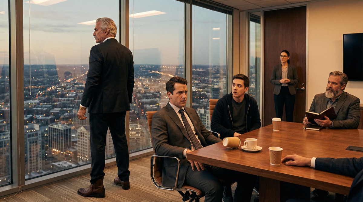 Don Hernando stands at the window, his back to the room, the Bogotá skyline glittering behind him. At the conference table, Alejo's face is a mask, Sebastián looks stunned, and Stefan observes quietly with his leather notebook.