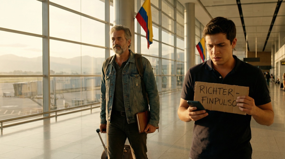 Stefan Richter walks through El Dorado airport in the early morning light, carry-on bag over his shoulder, leather notebook in hand. A nervous driver holds a sign reading RICHTER — FINPULSO.