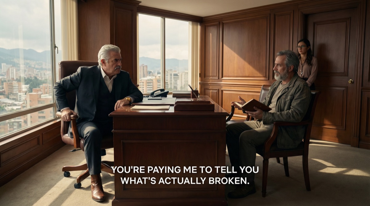 Don Hernando stands behind his desk, arms crossed, while Stefan sits comfortably in a guest chair with his leather notebook open. The tension between rancher authority and quiet German persistence fills the room.