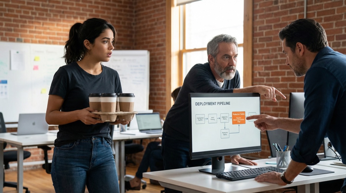 Camila stands with a coffee carrier while Stefan sits at a desk, his notebook open. She looks uncertain but curious, the morning light streaming through the office windows.