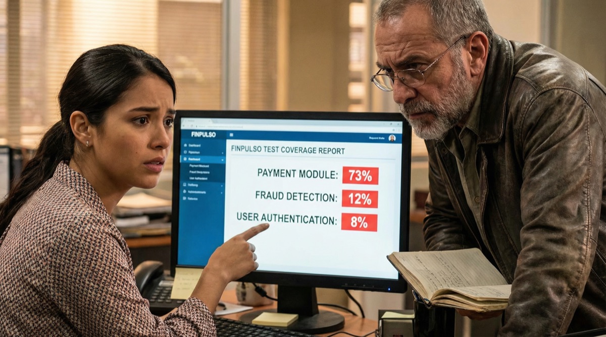 Stefan and Camila lean over a monitor displaying a test coverage report. The numbers paint a grim picture — high coverage on unimportant modules, almost nothing on core business logic.