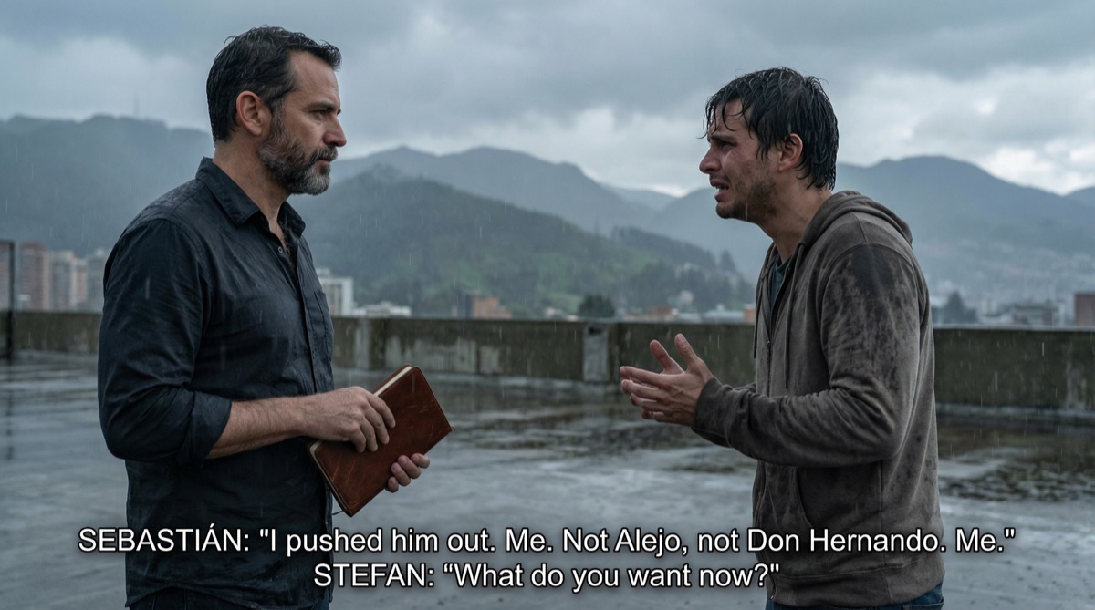 Stefan and Sebastián stand on the rooftop in the drizzle, the Bogotá skyline gray behind them. Sebastián looks exhausted, haunted. Stefan listens with his notebook closed for once.