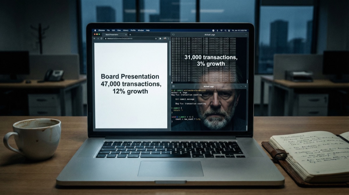 Nahaufnahme von Stefans Bildschirm mit Transaktionsprotokollen, die eklatante Diskrepanzen zeigen. Zahlen sind rot hervorgehoben, und sein handschriftliches Notizbuch zeigt Vergleiche zwischen den Vorstandszahlen und den Protokolldaten.