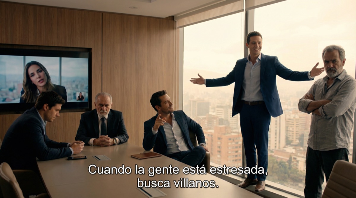 Alejo stands at the window, silhouetted against the Bogotá morning, making his defense. His posture is confident, his gestures expansive, as he reframes every accusation as a misunderstanding.