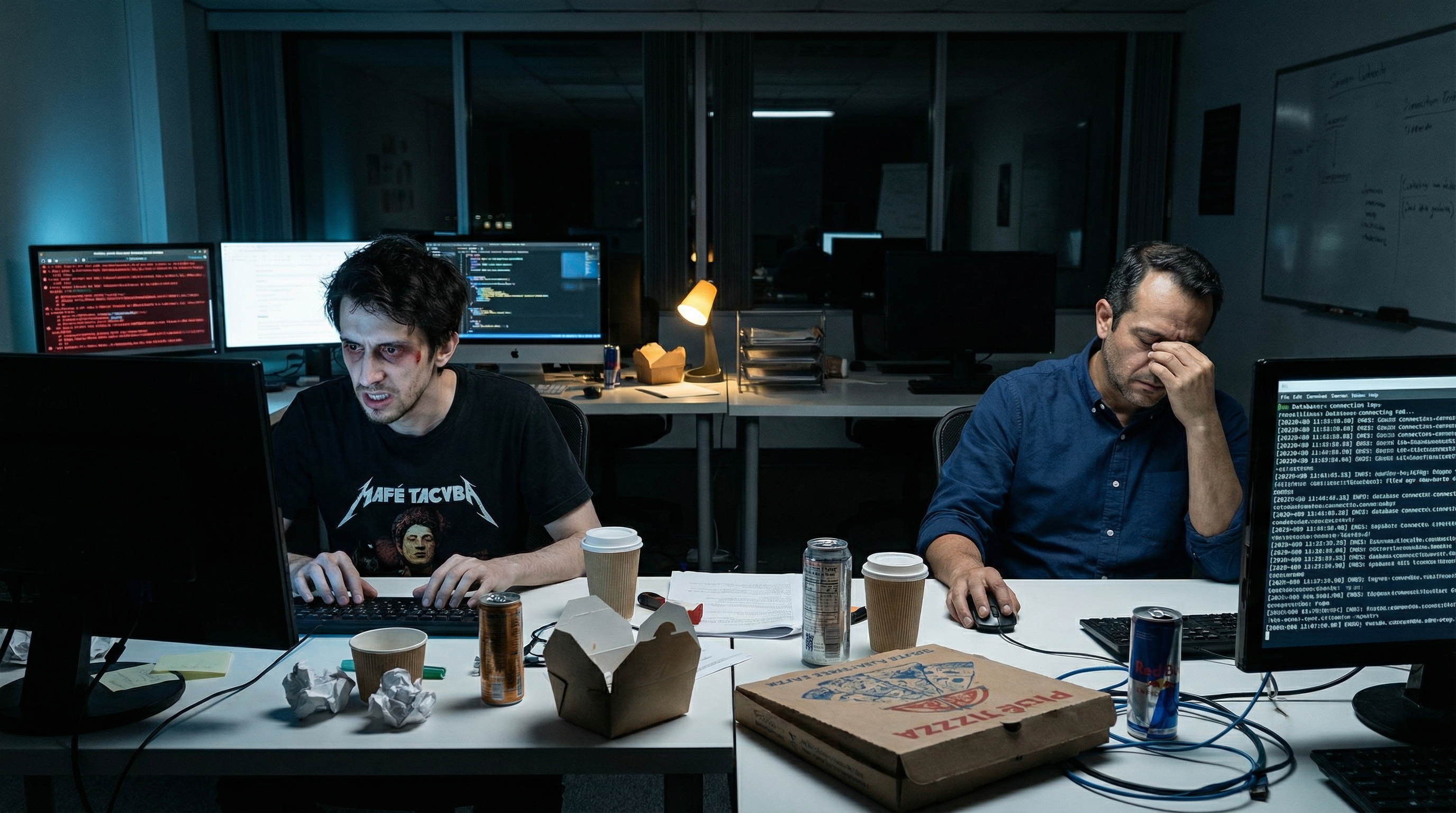 Diego and Pipe at 1:47 AM, faces illuminated by monitor glow, debugging a critical payment processing failure. Error logs scroll endlessly across multiple screens. The weight of another emergency fix hangs in the air.