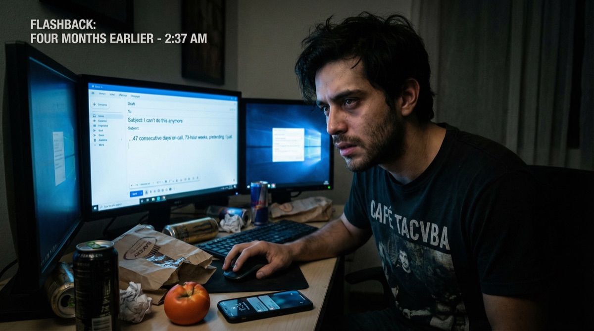 Diego sits at his desk at 2 AM, surrounded by the debris of an all-night debugging session. His face is lit by multiple monitors showing error logs. An unsent resignation email glows on the screen.
