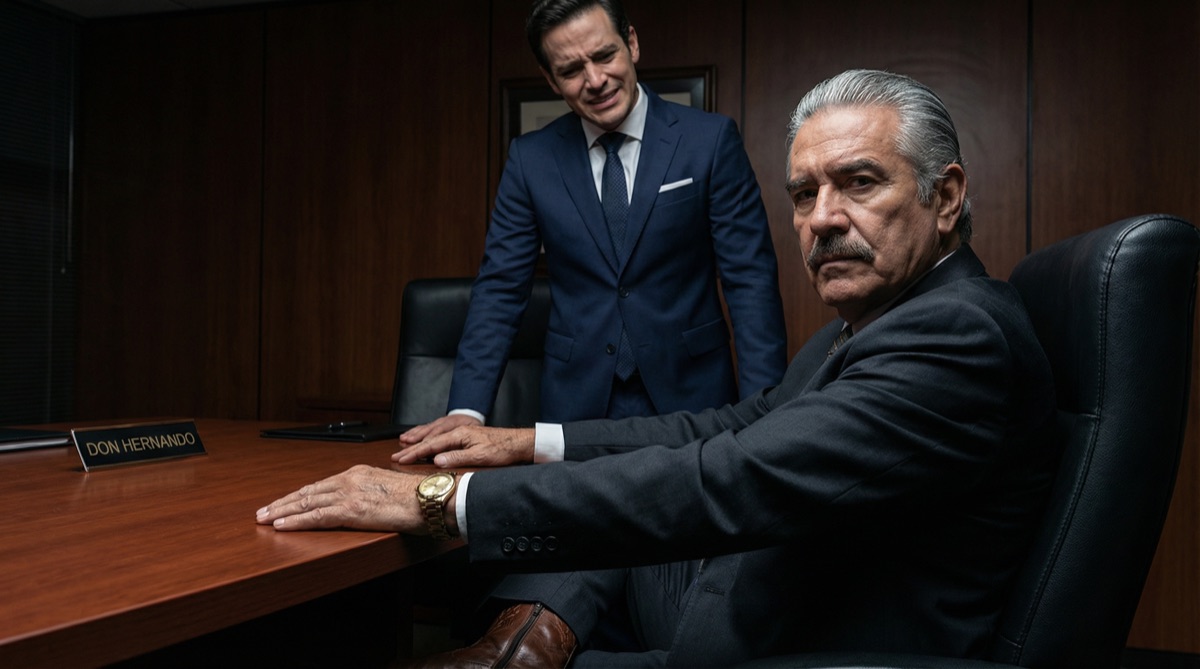 Don Hernando sits at the head of the table, his weathered face showing the weight of betrayal. For the first time, his eyes reveal not anger but grief — for Jorge, for FinPulso, for the trust he misplaced.