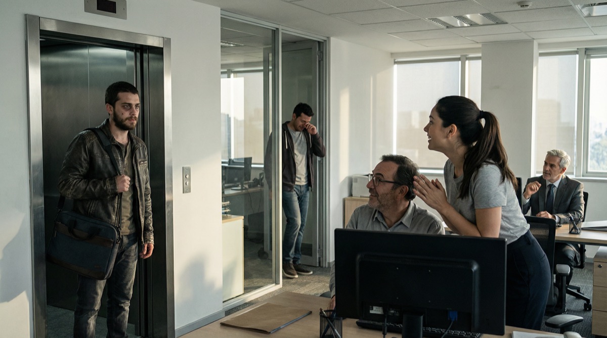 Diego stands in the FinPulso office doorway, laptop bag over his shoulder, taking in the space he left three months ago. Camila has half-risen from her desk. Pipe watches warily. The moment holds.