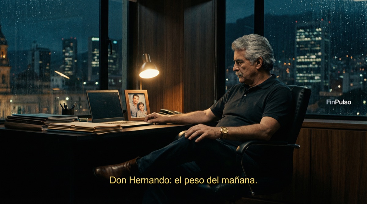 The FinPulso office at night, nearly empty. Camila works at her desk, screens glowing. Sebastián sits in his office doorway. The whiteboard behind him shows the first sketches of a new plan.