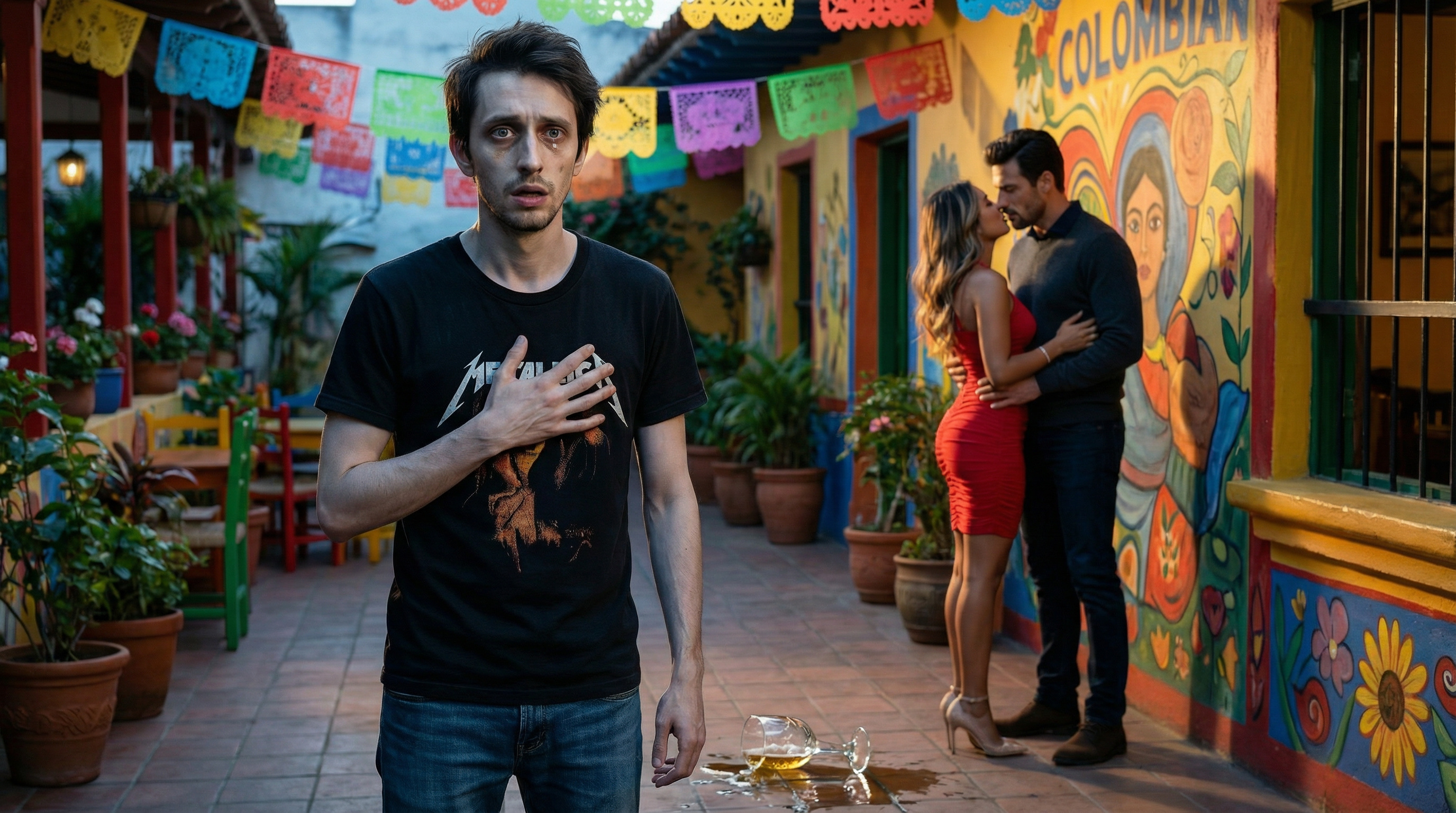 Diego stands alone among the folk art sculptures of Andrés Carne de Res, his face a mask of shock and devastation. In the background, Luciana and Marco separate. His shattered beer glass lies at his feet. The vibrant, chaotic decorations mock his pain.