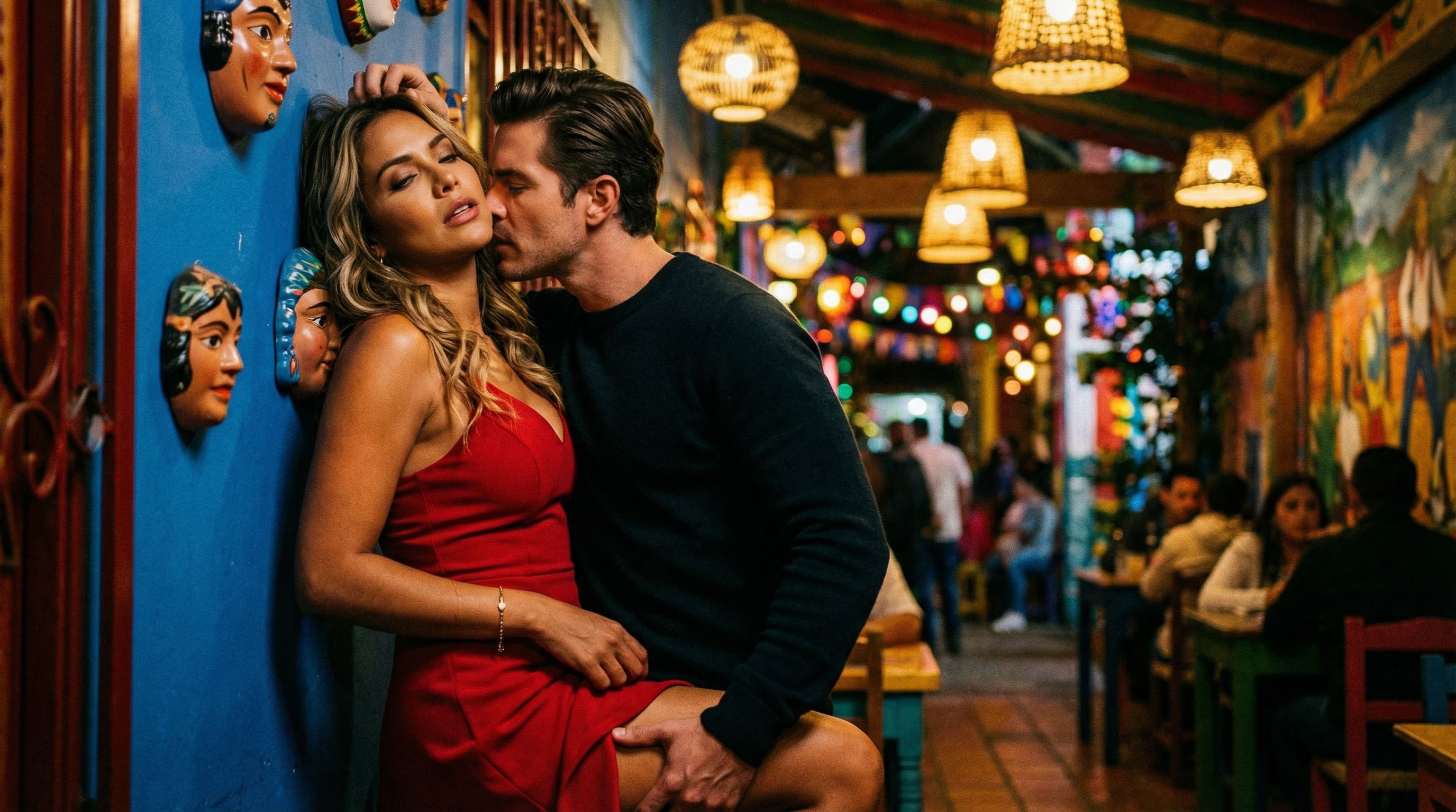 A private corner alcove at Andrés Carne de Res. Marco presses Luciana against the wall, his hands on her waist pulling her close. Her fingers tangle in his hair. They kiss with desperate hunger — not tentative, but practiced. Folk art decorates the walls around them.