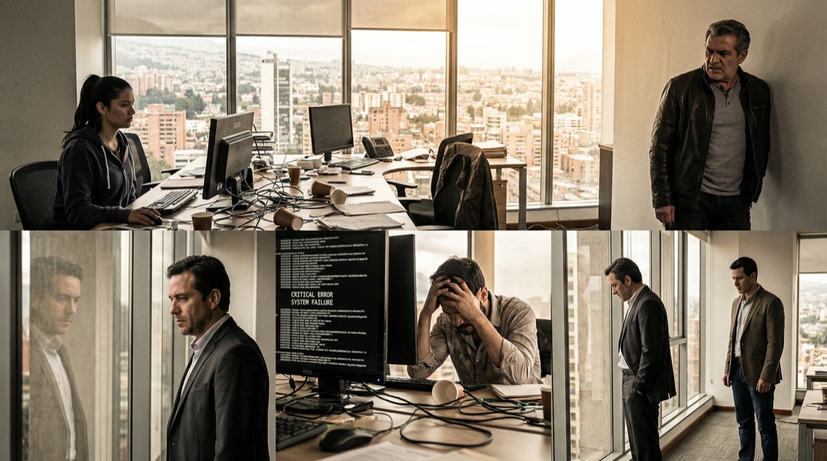 Das Entwicklungsteam in den Nachwirkungen der Demo-Katastrophe. Camila starrt auf Fehlerprotokolle, Diego hat den Kopf in den Händen, Pipe murmelt Flüche. Sebastián steht allein am Fenster. Der Traum zerbröckelt.