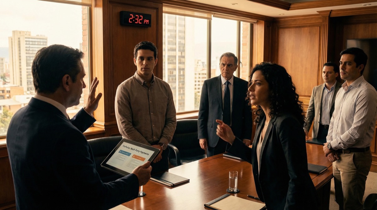 Victor, der technische Investor, fragt nach der Multi-Party-Zahlungsfunktion. Der Funktion, die nicht existiert. Isabella und Sebastián wechseln einen Blick, während Don Hernandos Ausdruck härter wird.