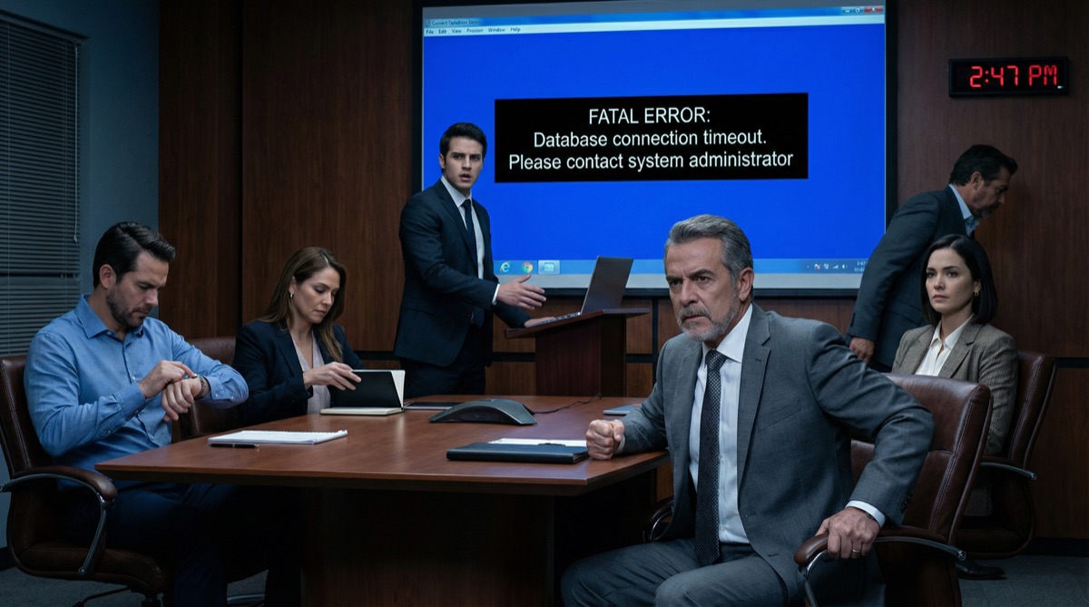 Der FinPulso-Demo-Bildschirm mitten im Betrieb eingefroren. Sebastián steht gelähmt am Podium. Die Investoren schauen schweigend zu. Don Hernandos Hände umklammern die Armlehnen seines Stuhls. Der Moment, den jeder Startup-Gründer fürchtet.