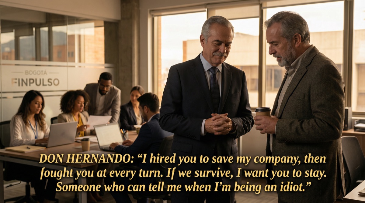 Don Hernando und Stefan stehen im Entwicklungsbereich und sprechen leise, während das Team hinter ihnen arbeitet. Zwei sehr unterschiedliche Männer finden gegenseitigen Respekt. Etwas hat sich verändert — nicht nur im Unternehmen, sondern in seinem Patriarchen.