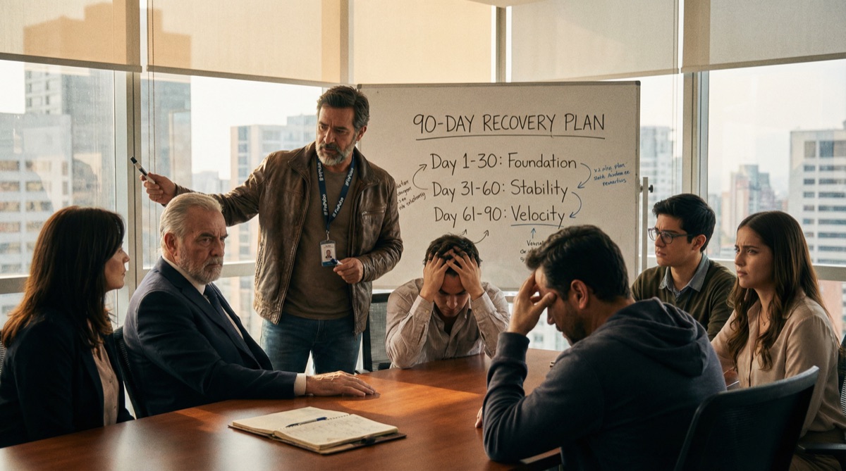 Stefan steht am Whiteboard, sein 90-Tage-Plan hinter ihm sichtbar. Das Team beobachtet mit einer Mischung aus Skepsis und verzweifelter Hoffnung. Don Hernandos Ausdruck ist undurchschaubar.