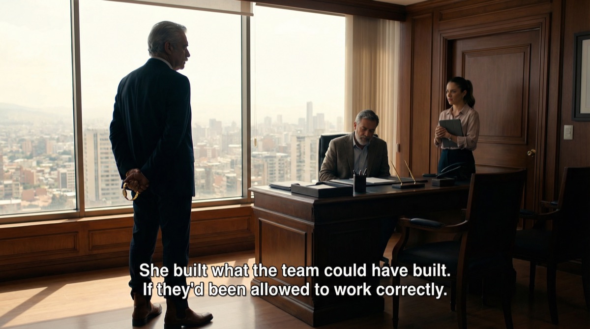 Don Hernando steht an seinem Bürofenster, silhouettiert gegen die Skyline von Bogotá. Stefan sitzt gegenüber von seinem Schreibtisch. Der alte Rancher verarbeitet eine Wahrheit, die er nie erwartet hat: Die Rettung kam von der Person, die er am wenigsten bemerkt hat.