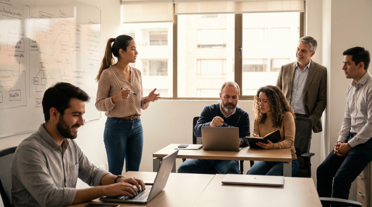 Das FinPulso-Team arbeitet zum ersten Mal seit Monaten zusammen. Camila führt vom Whiteboard. Diego programmiert mit erneuter Energie. Pipe bietet unerwartete Expertise. Stefan beobachtet, ein kleines Lächeln auf seinem Gesicht. So sieht Zusammenarbeit aus.