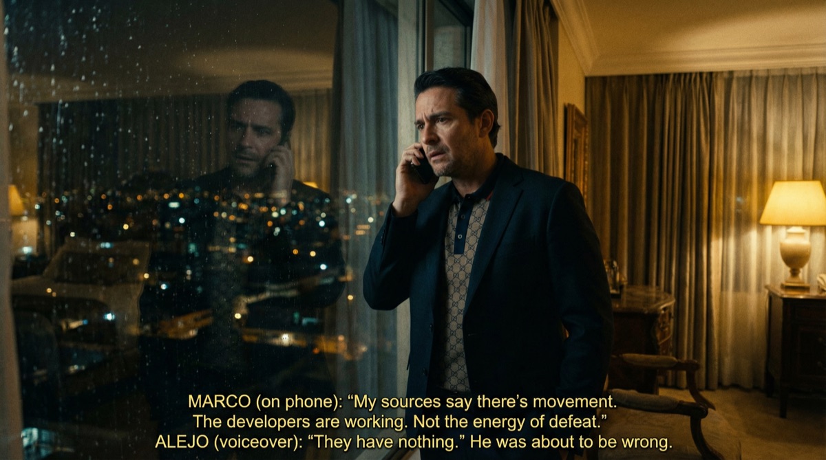 Alejo steht in seinem Hotelzimmer, das Telefon ans Ohr gepresst, die Stadtlichter hinter ihm durch das Fenster sichtbar. Sein selbstbewusstes Lächeln ist verblasst. Etwas Unerwartetes passiert, und er weiß nicht was.