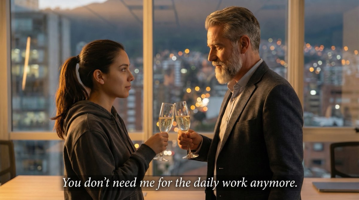 Stefan und Camila am Fenster, Champagner in der Hand, die Stadt glitzert hinter ihnen. Der Mentor und der aufsteigende Stern. Er geht. Sie ist bereit. Aber etwas Unausgesprochenes schwebt zwischen ihnen.