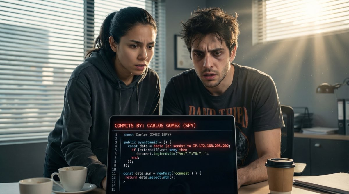 Camila und Diego starren auf den Laptopbildschirm. Die Commit-Historie enthüllt den Verräter. Jemand, dem sie vertraut haben. Jemand, der sie jeden Tag angelächelt hat. Der Name leuchtet auf dem Bildschirm wie eine Anklage.