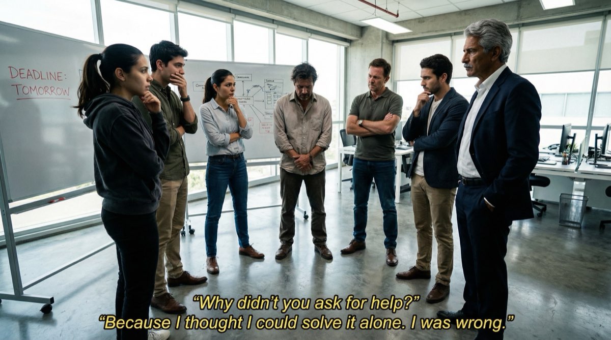 Das morgendliche Standup. Hernán steht vor dem Team und gibt zu, dass er feststeckt. Diego und Camila tauschen Blicke aus. Pipes Arme sind verschränkt. Die Deadline ist morgen, und die Integration ist kaputt.