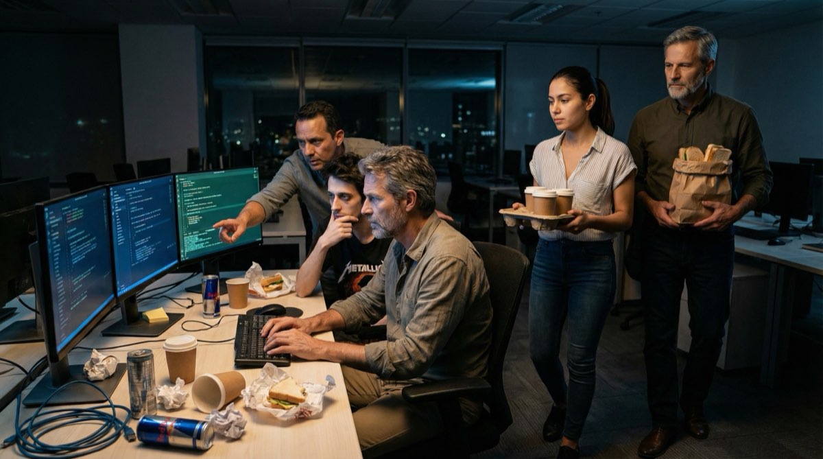 Drei Monitore leuchten im dunklen Büro. Hernán, Diego und Pipe arbeiten zusammen, ihre Gesichter vom Code beleuchtet. Kaffeetassen und Sandwich-Verpackungen verstreut auf dem Schreibtisch. So sieht Zusammenarbeit aus.