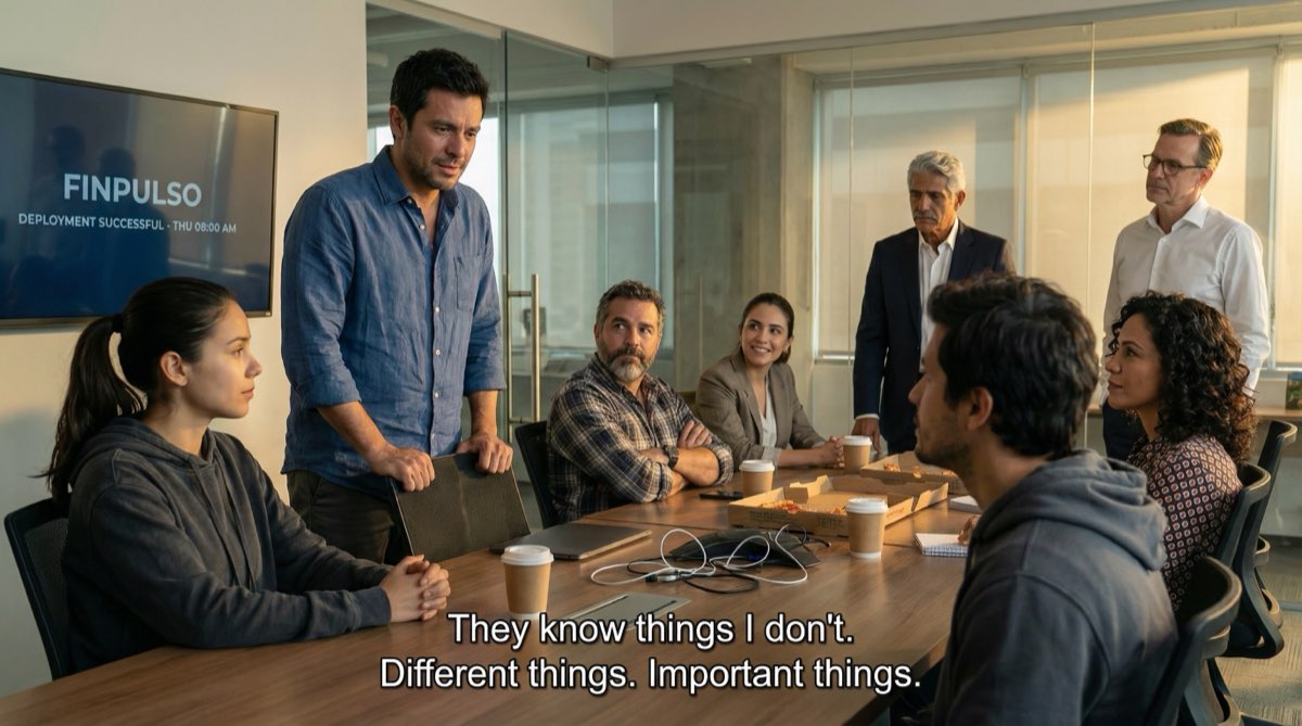 Die Vollversammlung. Hernán steht vor seinen Kollegen und sagt Worte, die er nie erwartet hätte zu sagen. Camila schaut mit vorsichtiger Hoffnung zu. Don Hernando nickt langsam im Hintergrund. Veränderung passiert.
