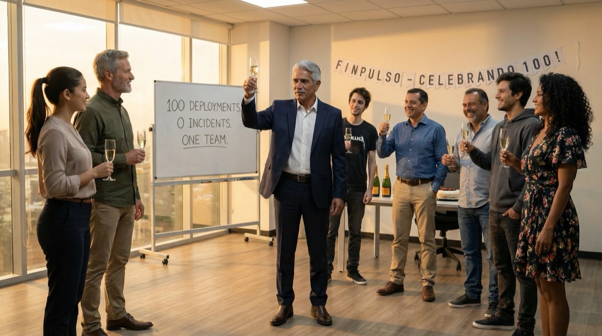 Das FinPulso-Team versammelt zur 100. Deployment-Feier. Champagnergläser erhoben. Don Hernando hält eine Ansprache. Stefan und Camila stehen zusammen, die Architekten des Wandels. Hernán lächelt überraschenderweise.