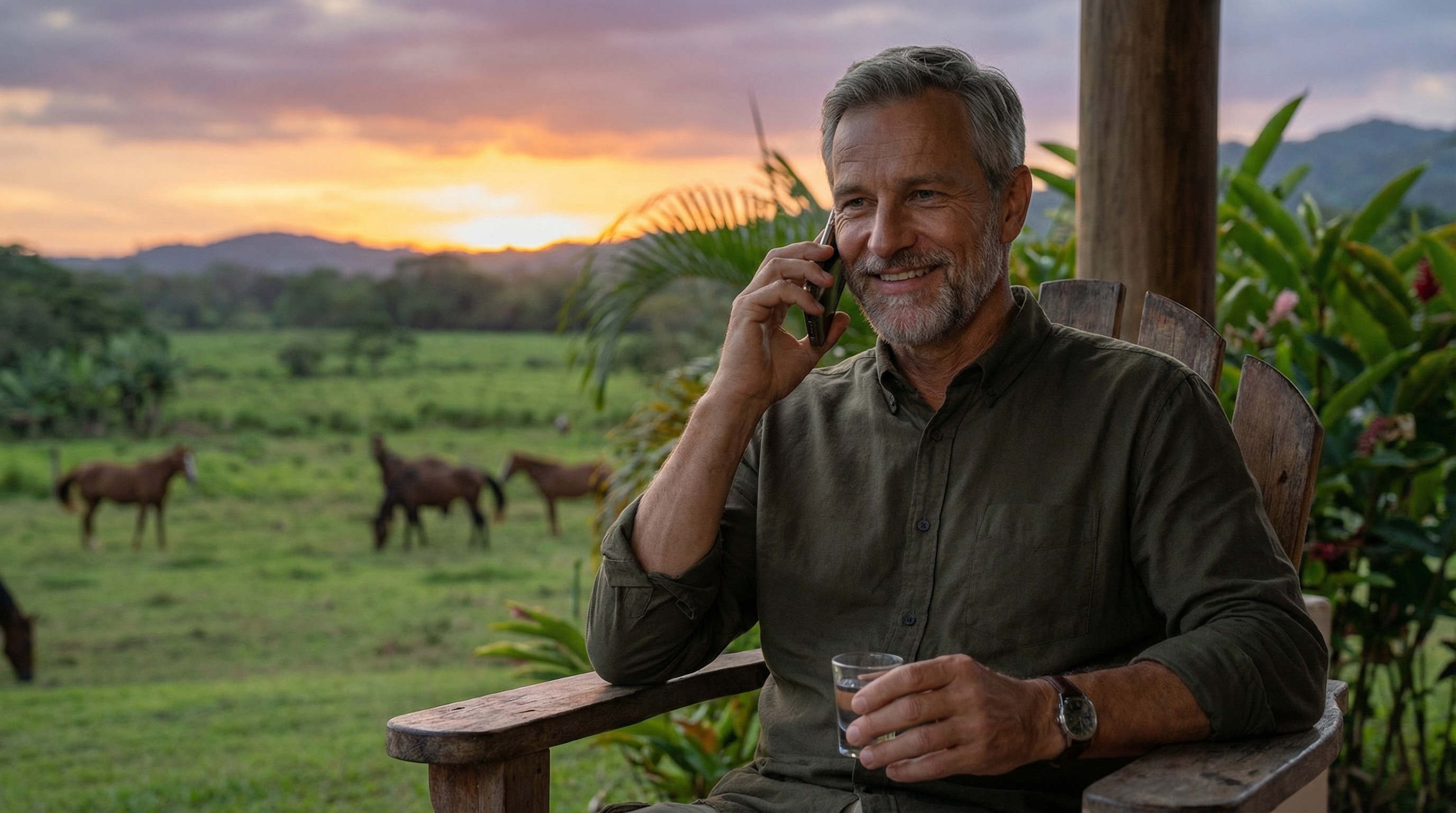 Stefan on his terrace in Panama, phone to his ear, watching his horses graze as the sun sets. The news from Bogotá is good. His work there might finally be taking root.