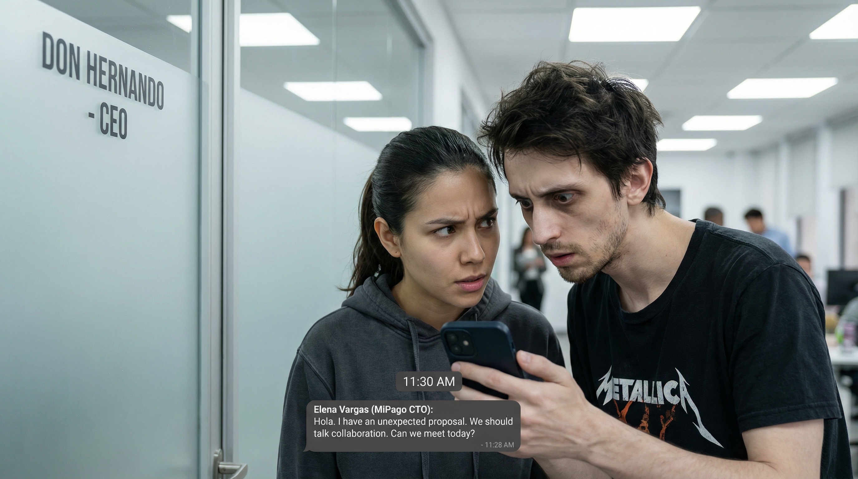 Diego shows Camila his phone in the hallway outside Don Hernando's office. The message thread glows on the screen. The competition wants to talk — and the reason might change everything.