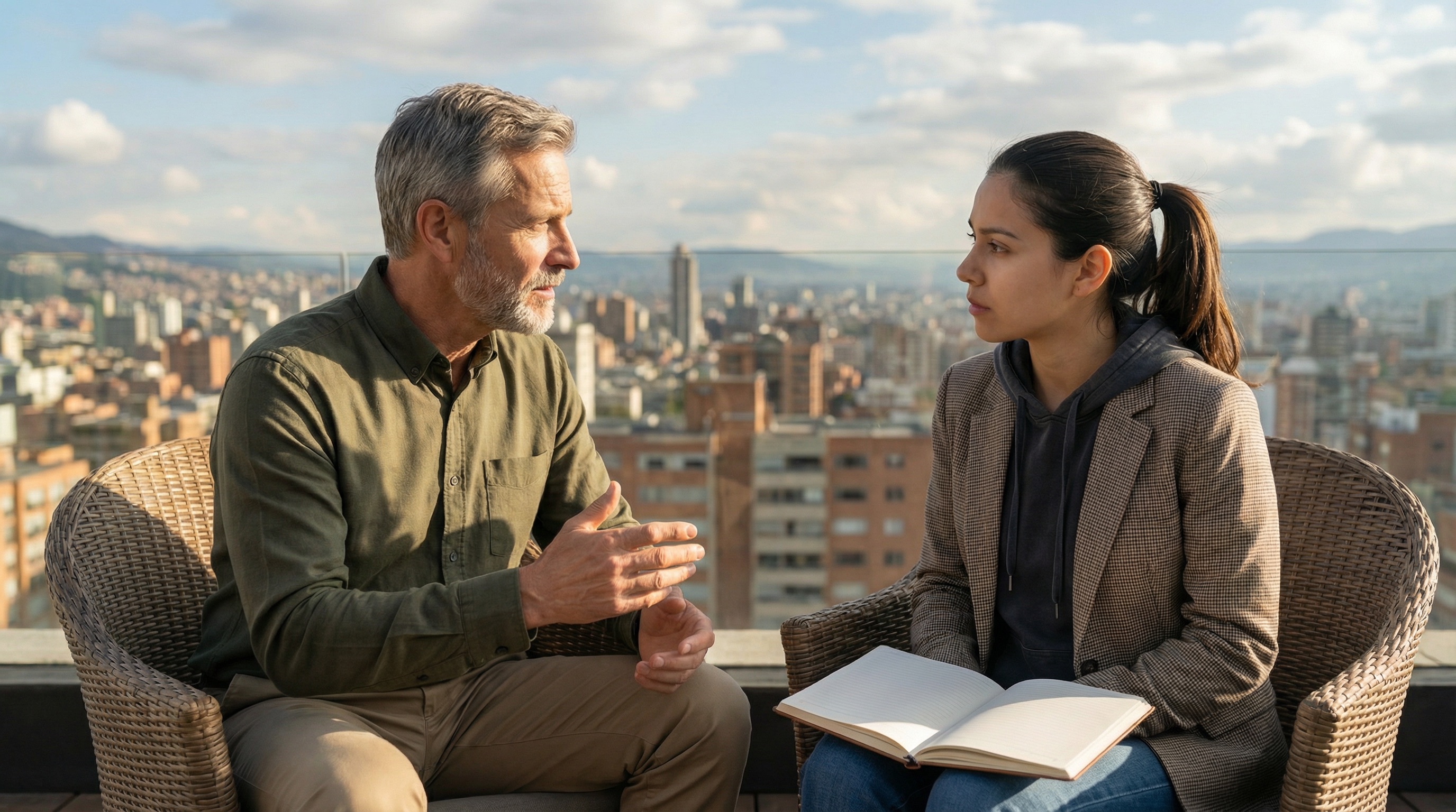 Stefan and Camila on the rooftop terrace, the city sprawling below them. He's warning her about what comes next. She's learning that success creates new kinds of problems.