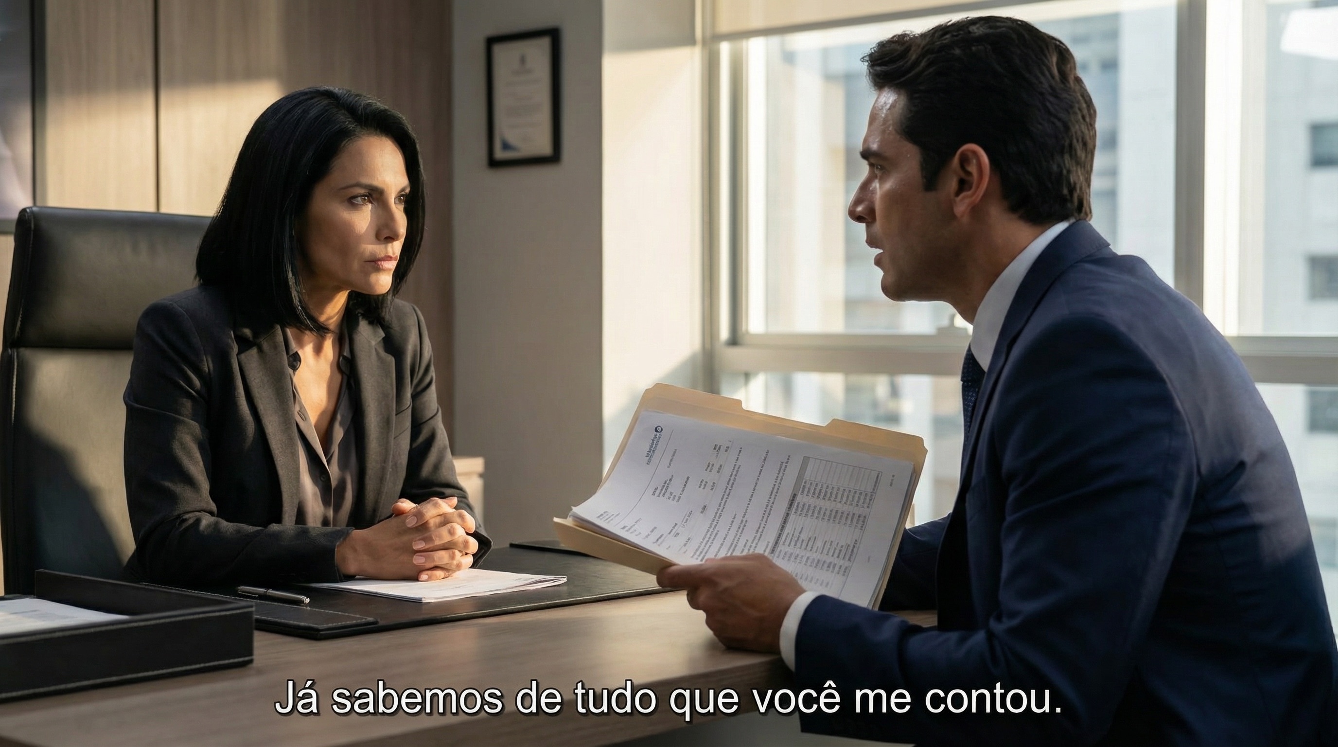 Mariana's office. Alejo sits across from her, his confident smile faltering. The folder she's pushed toward him contains something unexpected. The hunter has become the hunted.