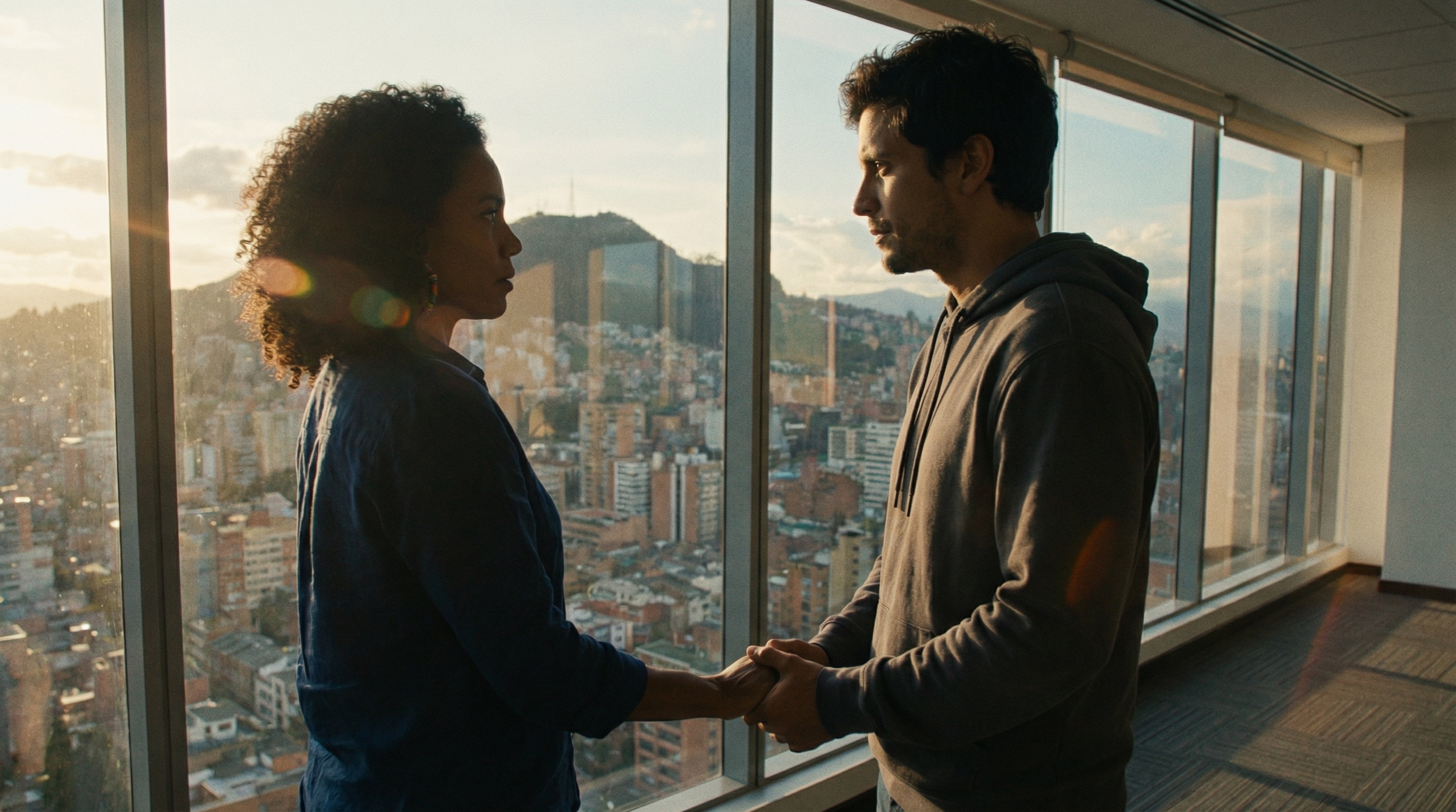 Sebastián e Isabella están junto a la ventana, mirando sobre Bogotá. La ciudad se extiende debajo de ellos — caótica, hermosa, indiferente a su drama. Sobrevivieron hoy. Mañana es otra pregunta.