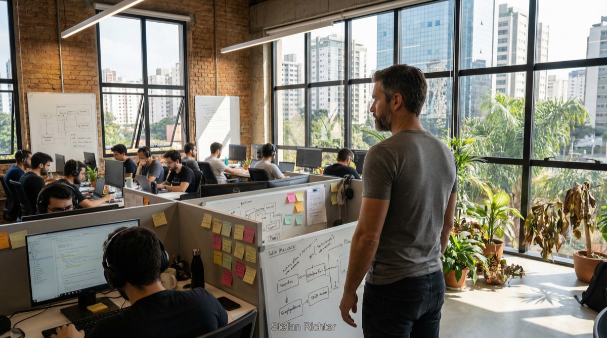 The AutoConnect open-plan office stretches before Stefan — developers hunched over keyboards, whiteboards covered in frustrated diagrams, tropical plants struggling near windows that look out on the São Paulo skyline.
