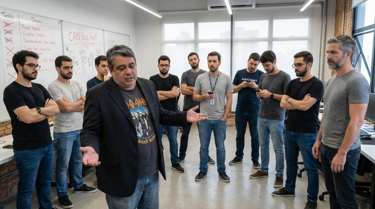 The navigation team stands in a reluctant circle for their daily standup, arms crossed, faces exhausted, whiteboards behind them covered in blocked tasks and frustrated diagrams.