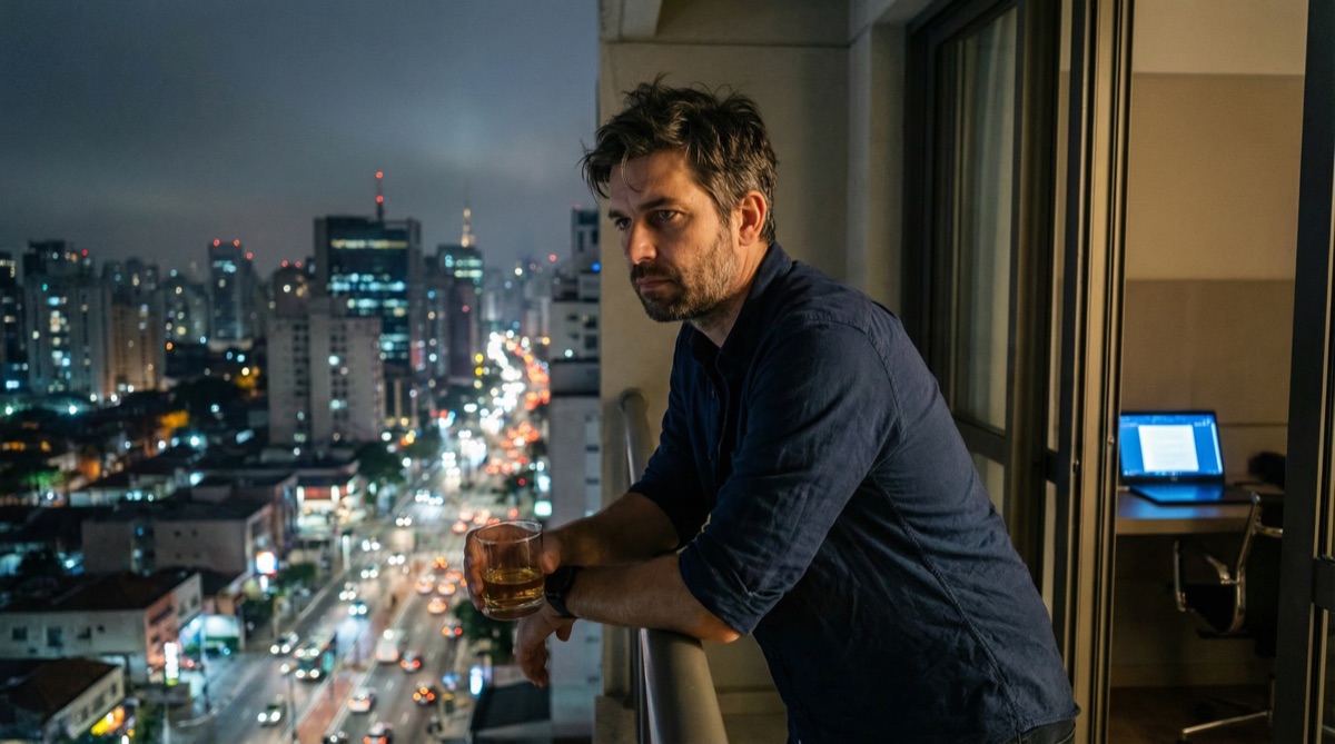 Stefan stands on his hotel balcony at night, São Paulo's lights stretching to the horizon, a glass of whiskey in his hand and shadows in his eyes.