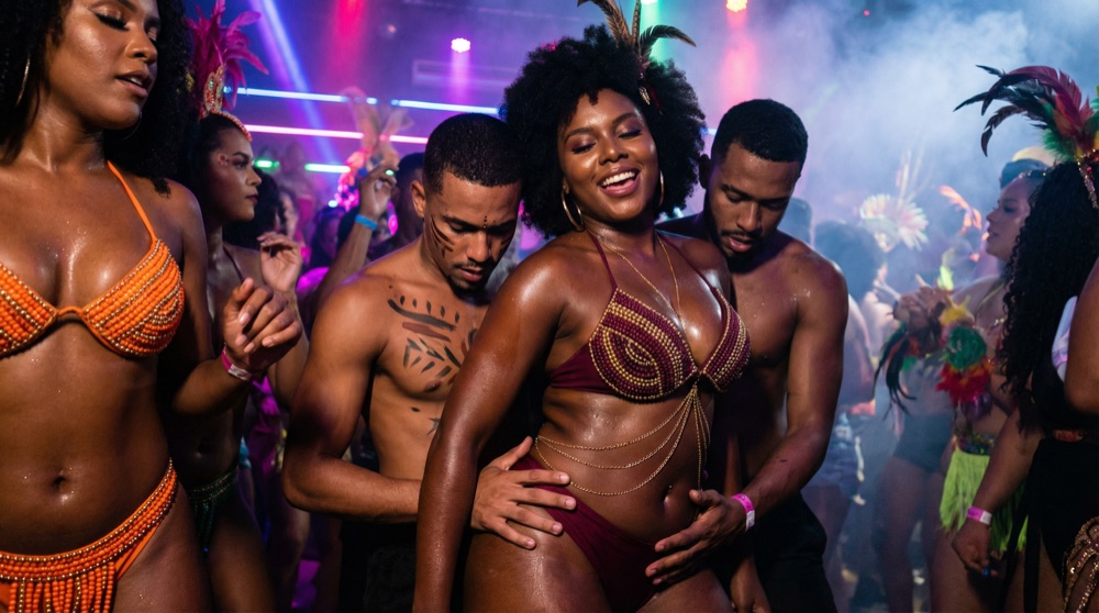 Julia's crew on the dance floor — sequins, sweat, bodies moving as one