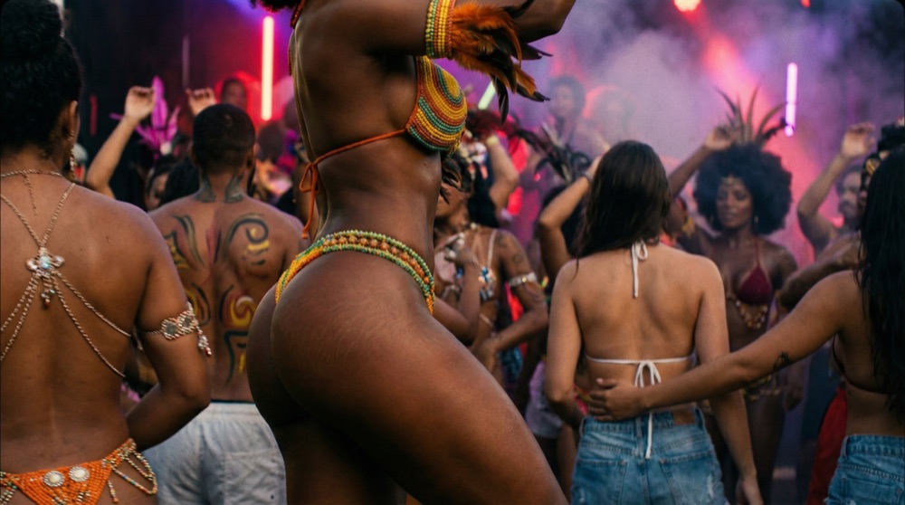The dance floor from behind — bodies, paint, beads, feathers, a wall of human heat Stefan couldn't read