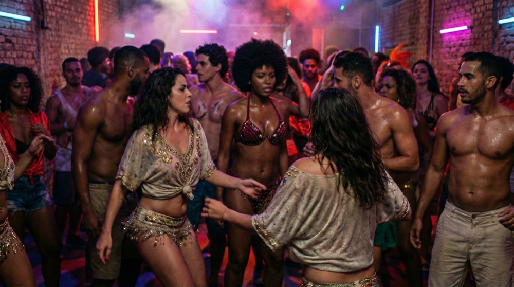 Inside a samba house in Barra Funda — musicians, dancers, heat, and coloured light