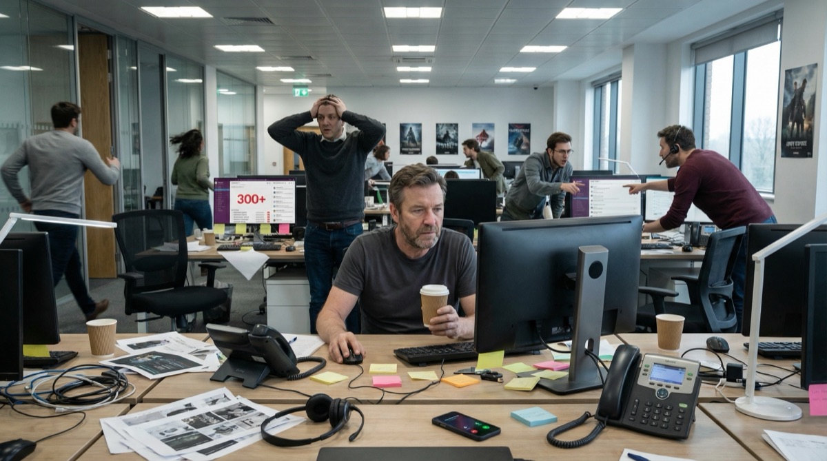 Marcus en su escritorio rodeado de tickets de soporte